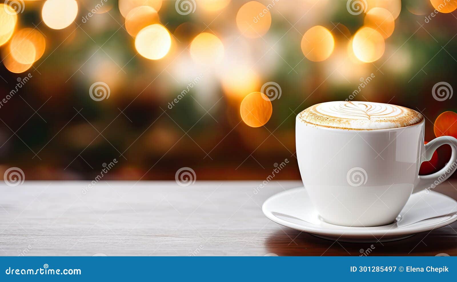 christmas coffee cup with bokeh and copy space on background. winter latte, hot drink. cozy atmosphere. christmas and