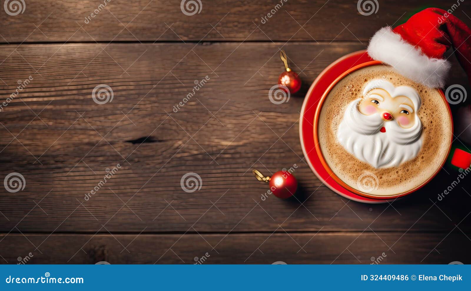 christmas coffee cup with milk foam santa claus. christmas latte art. cozy atmosphere. holiday background with copy