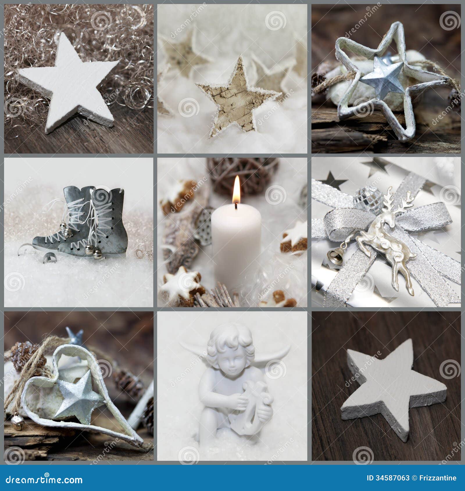 Christmas Collage With White, Silver And Grey Decoration 