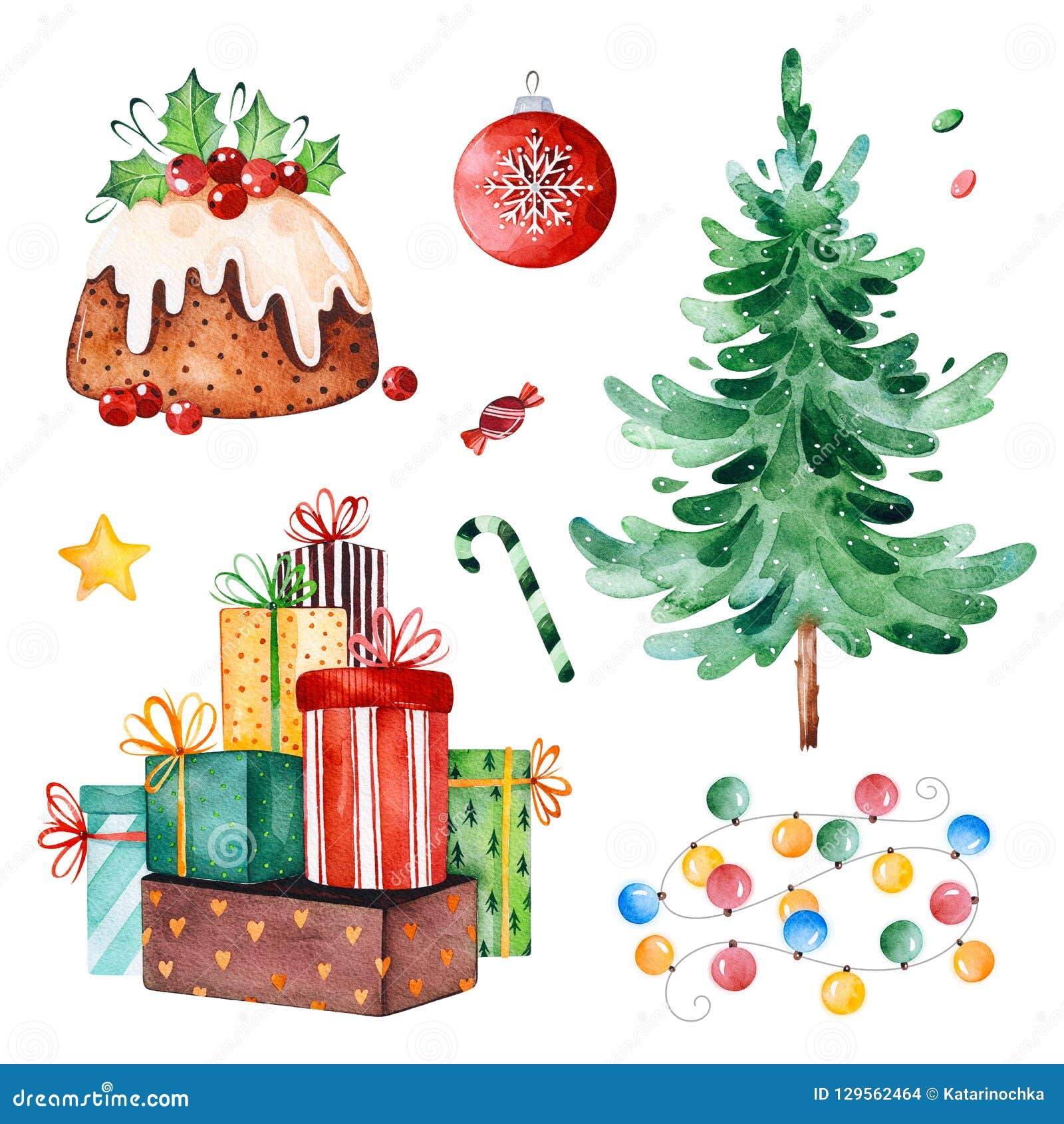 Christmas Collection With Christmas Tree,candy,garland,gifts And Other Deco...