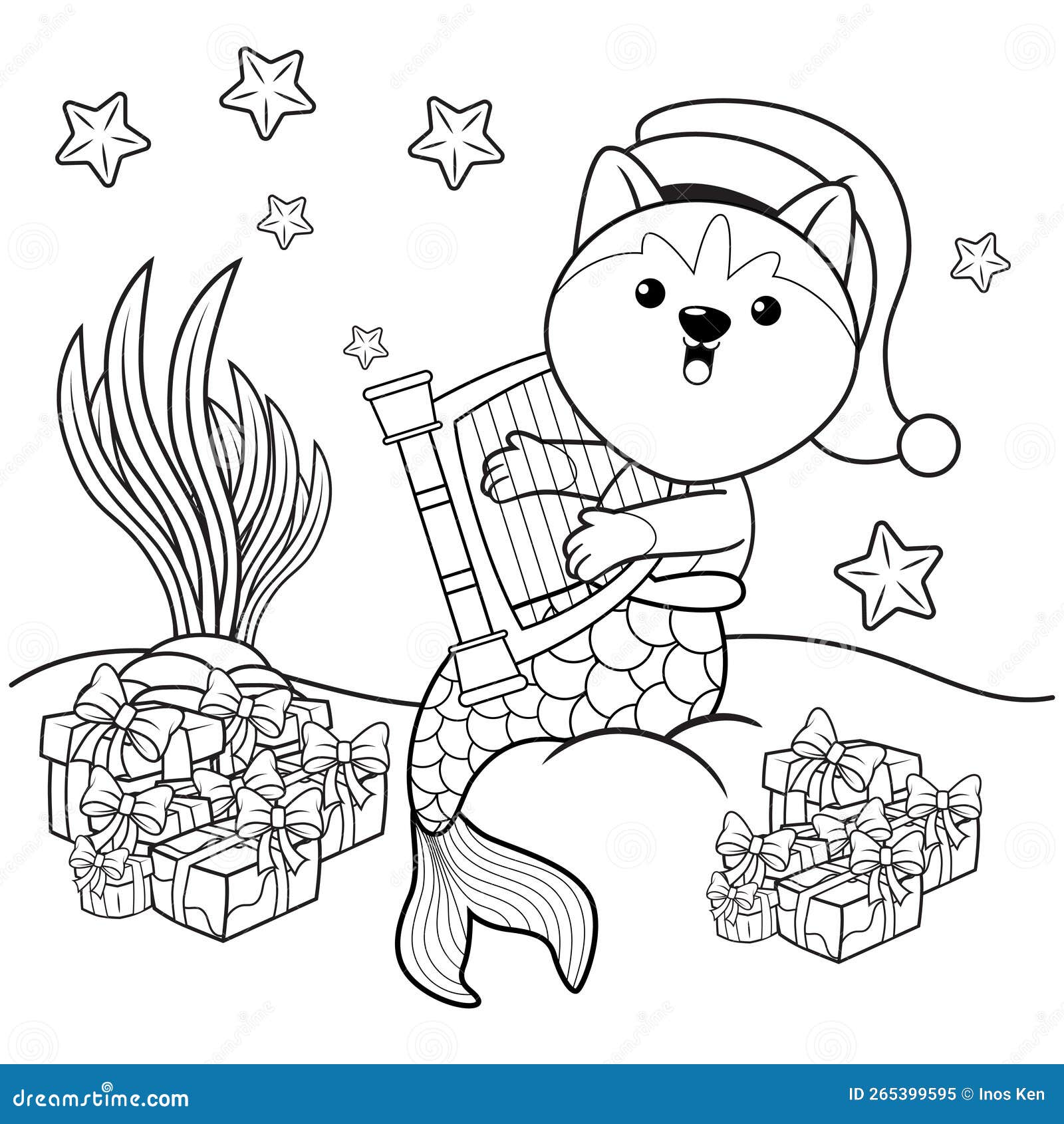 Christmas Coloring Book with Cute Husky Mermaid Stock Vector ...