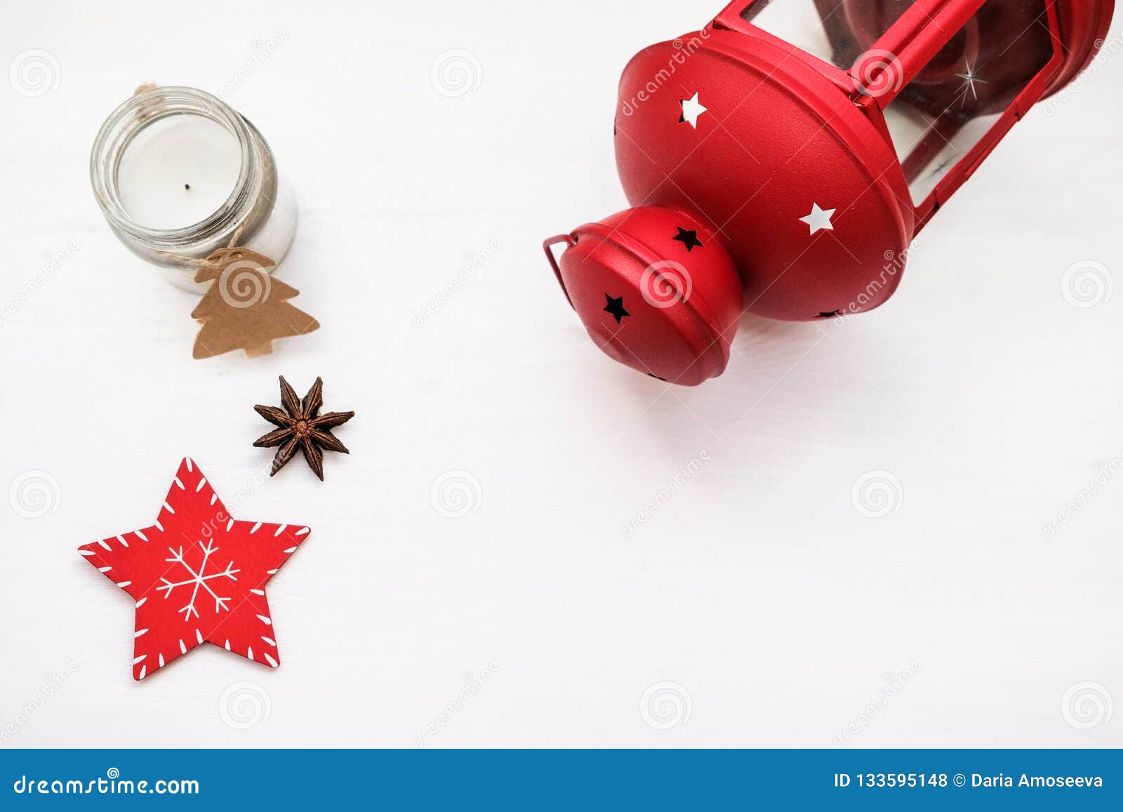 christmas composition. red decorations on white background. christmas candlestick, winter, new year concept. flat lay, top view