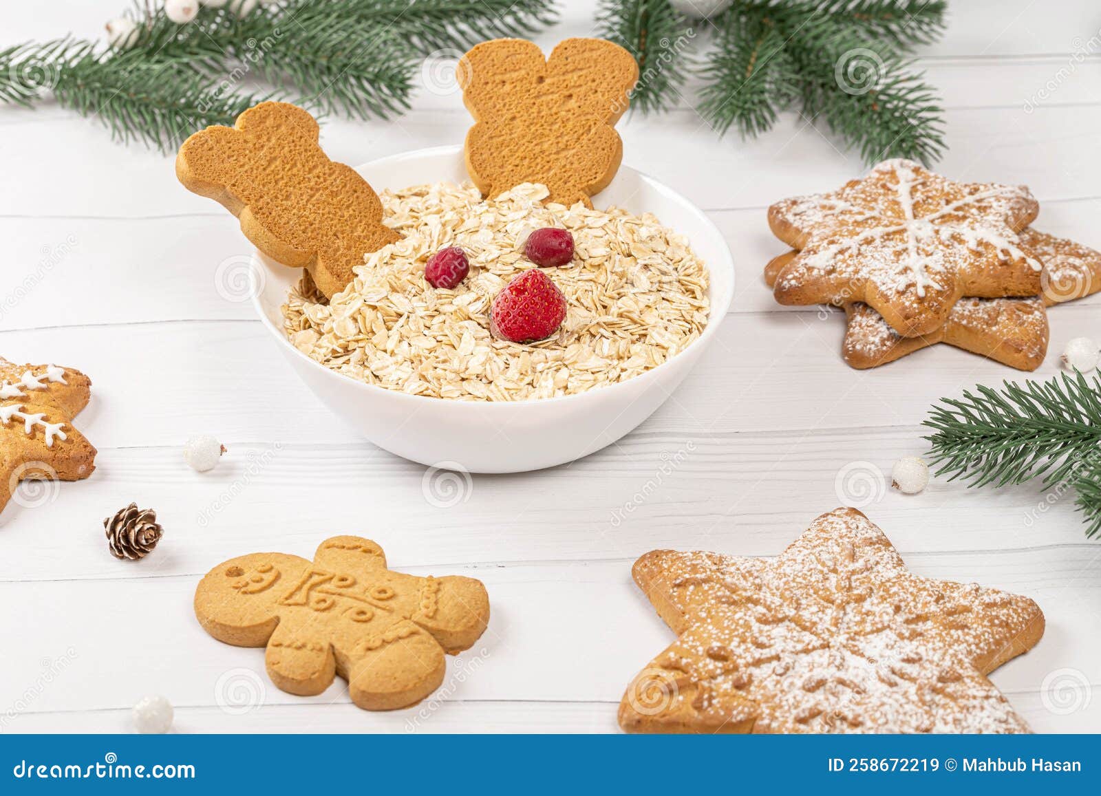 Christmas Concept, Oatmeal with Gingerbread and Christmas Tree Branches