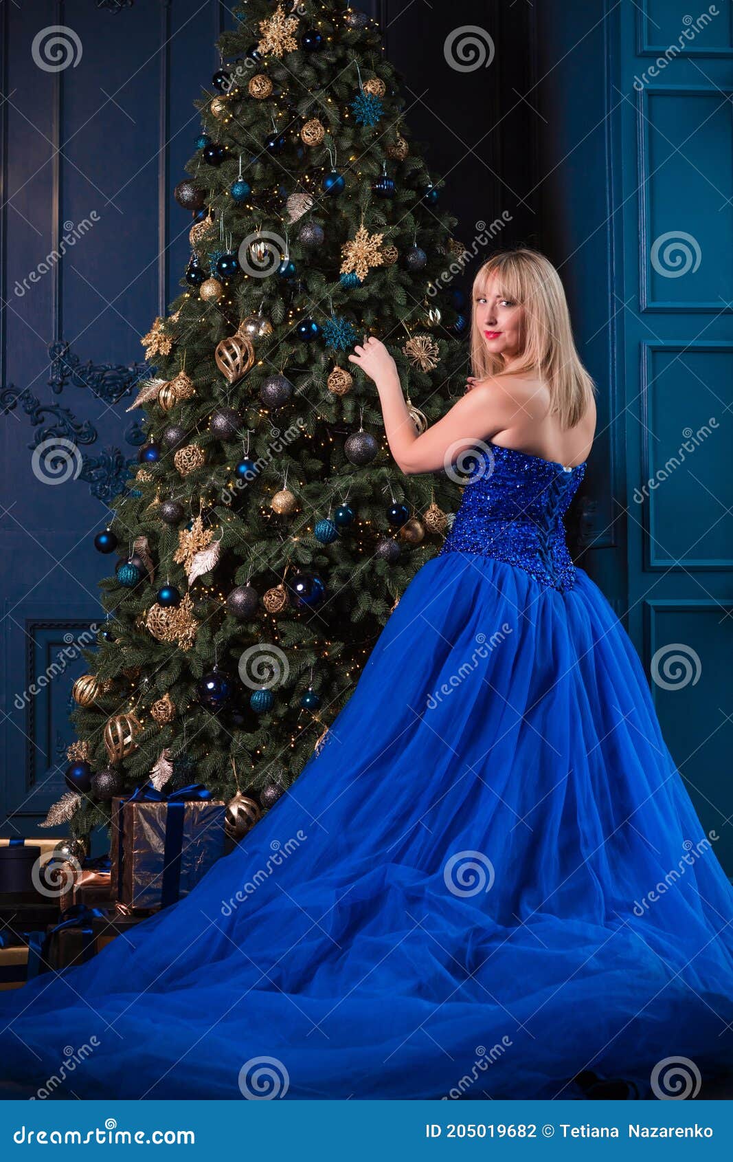 Christmas Cozy Atmosphere at Event, Pretty Lady in Blue Dress Stock ...
