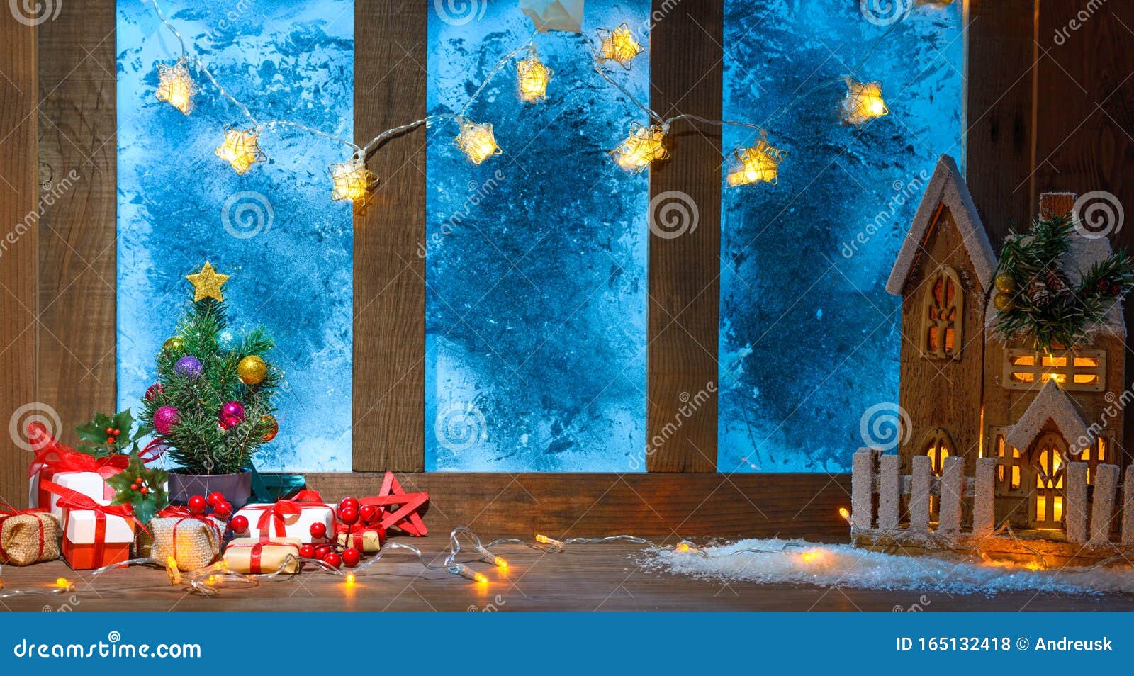 A Christmas Cozy Interior Background with Window Sill Illuminated with