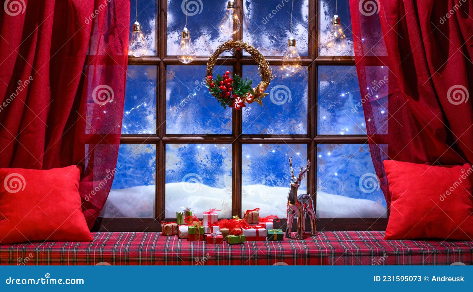 Christmas Cozy Interior Background with Window Sill Illuminated with