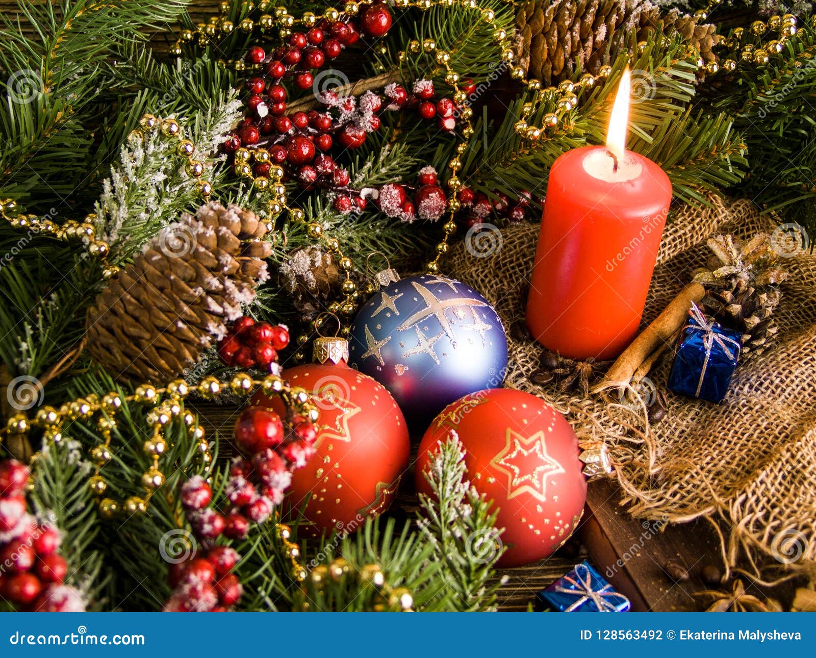 Christmas Cozy Still Life with a Candle, Christmas Decorations Pine ...