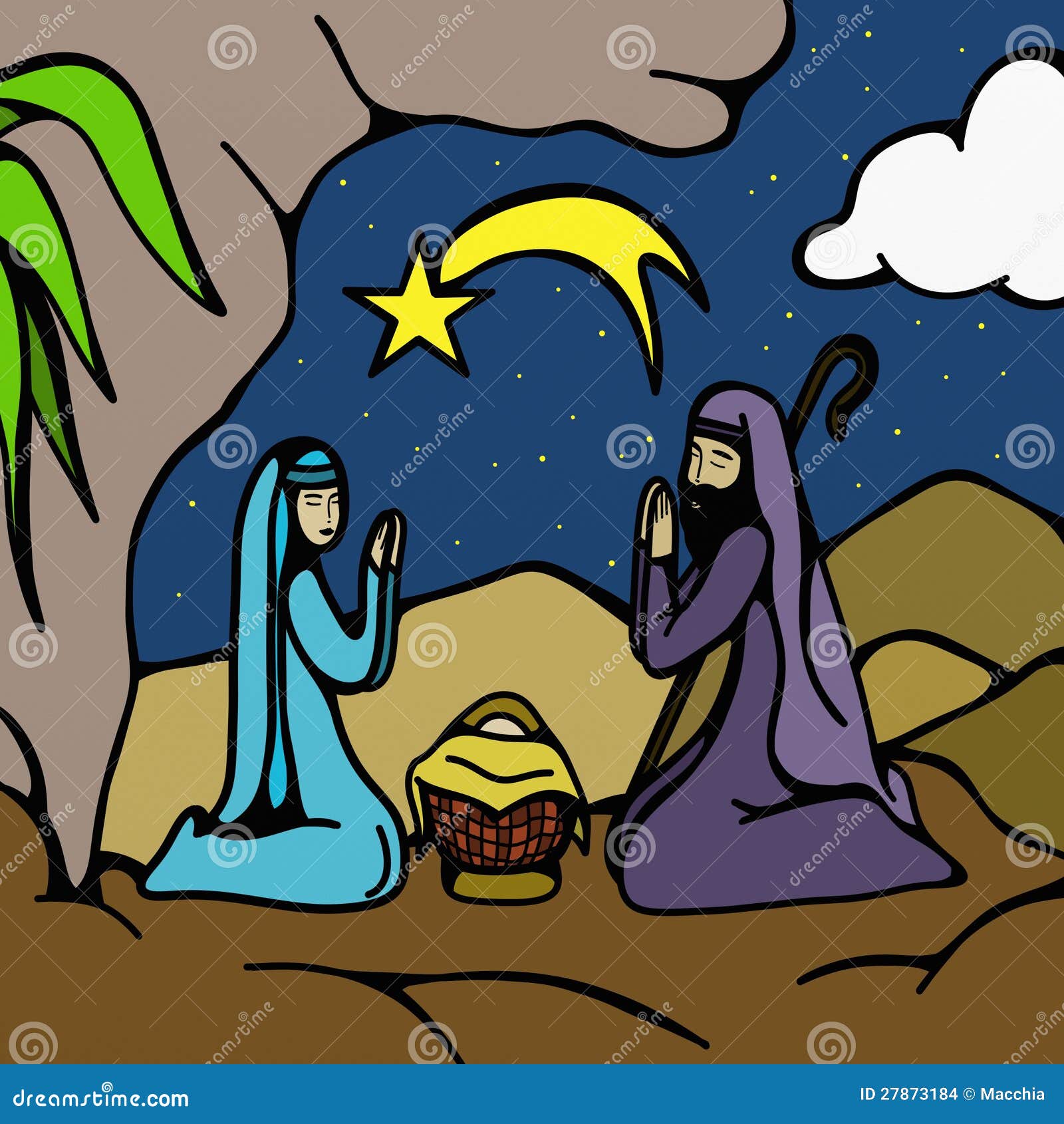 Christmas crib at night stock illustration. Illustration of postcard