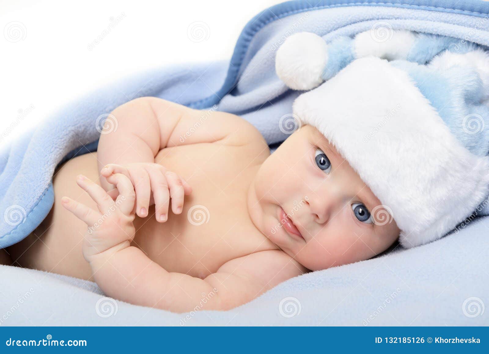 Christmas Cute Baby Boy, Beautiful Infant in Santa`s Hat and Blu ...