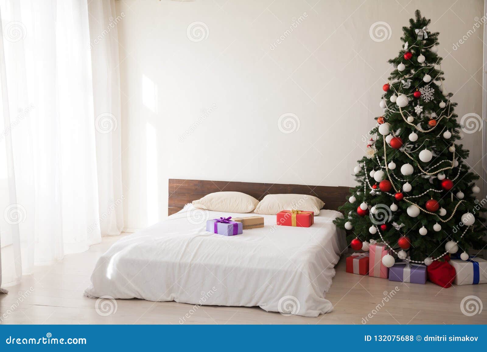 Bedroom Decor Christmas New Year Tree Bed Presents the Background of ...