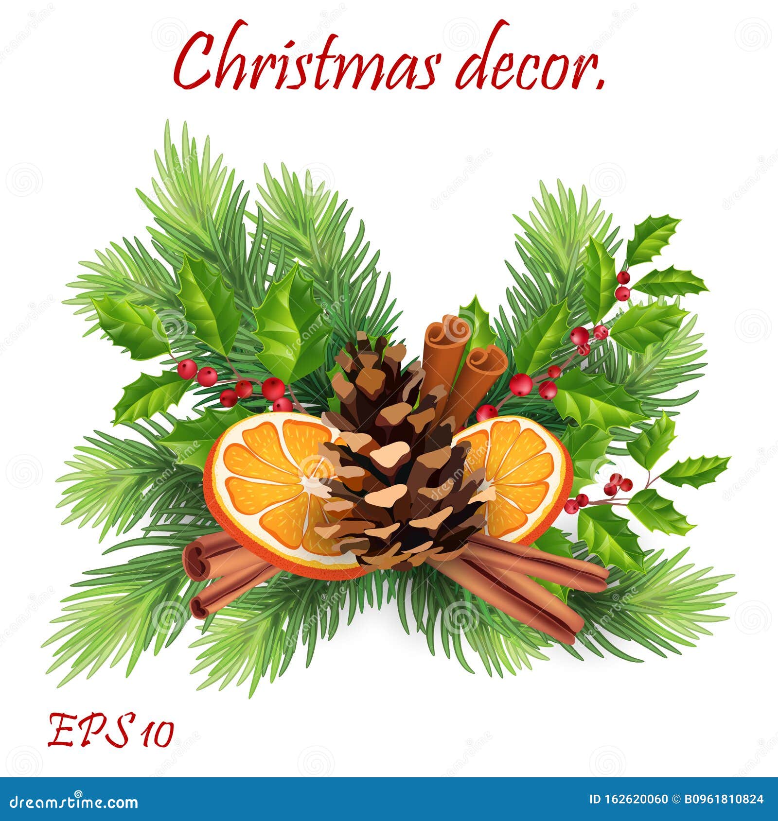 Christmas Decor with Pine Branches, Cones, Orange, Cinnamon Sticks