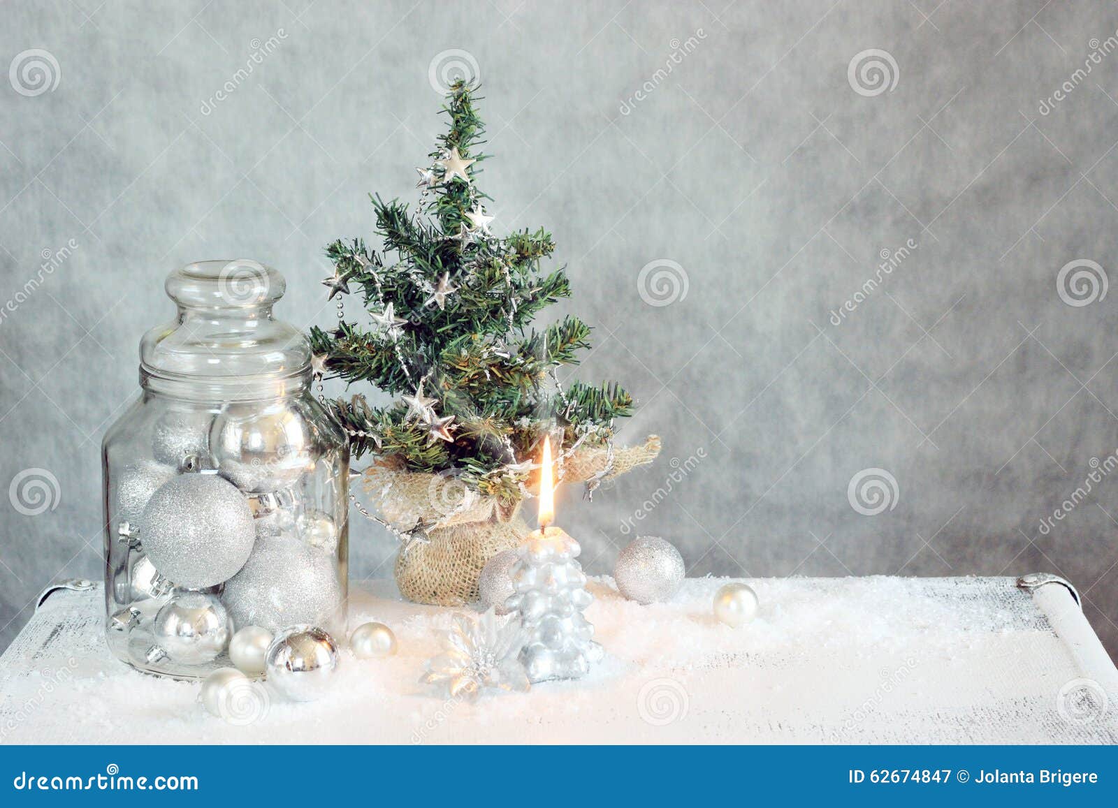 Christmas Decor with Silver Balls and Candle Stock Image Image of