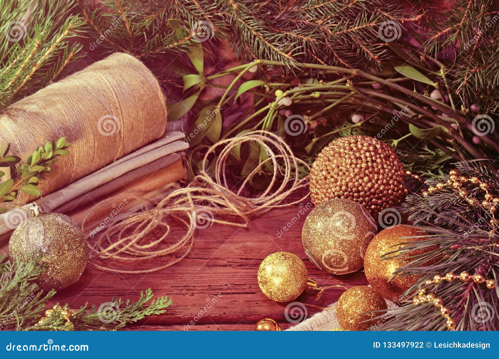 Christmas or New Yew Ideas with Decoration Rope and Sackcloth Stock Photo -  Image of branch, paper: 133497922