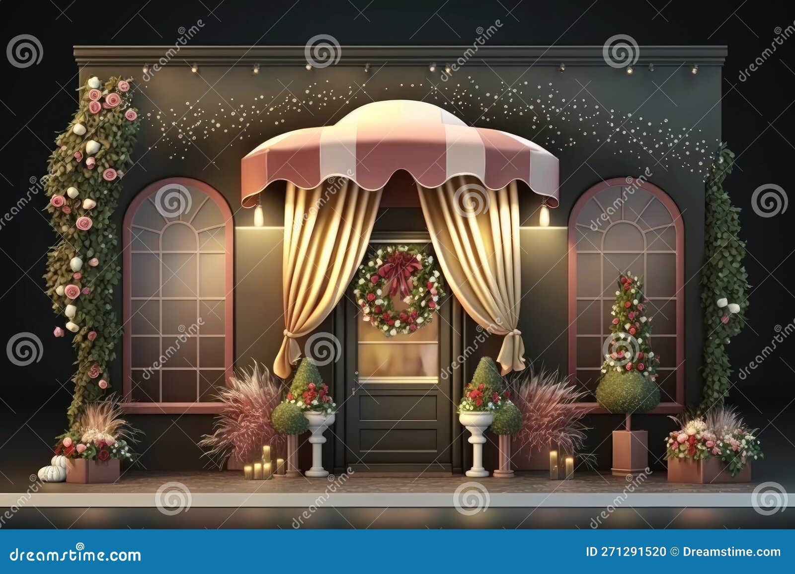 christmas decorated entrance with awning and gift boxes. generative ai