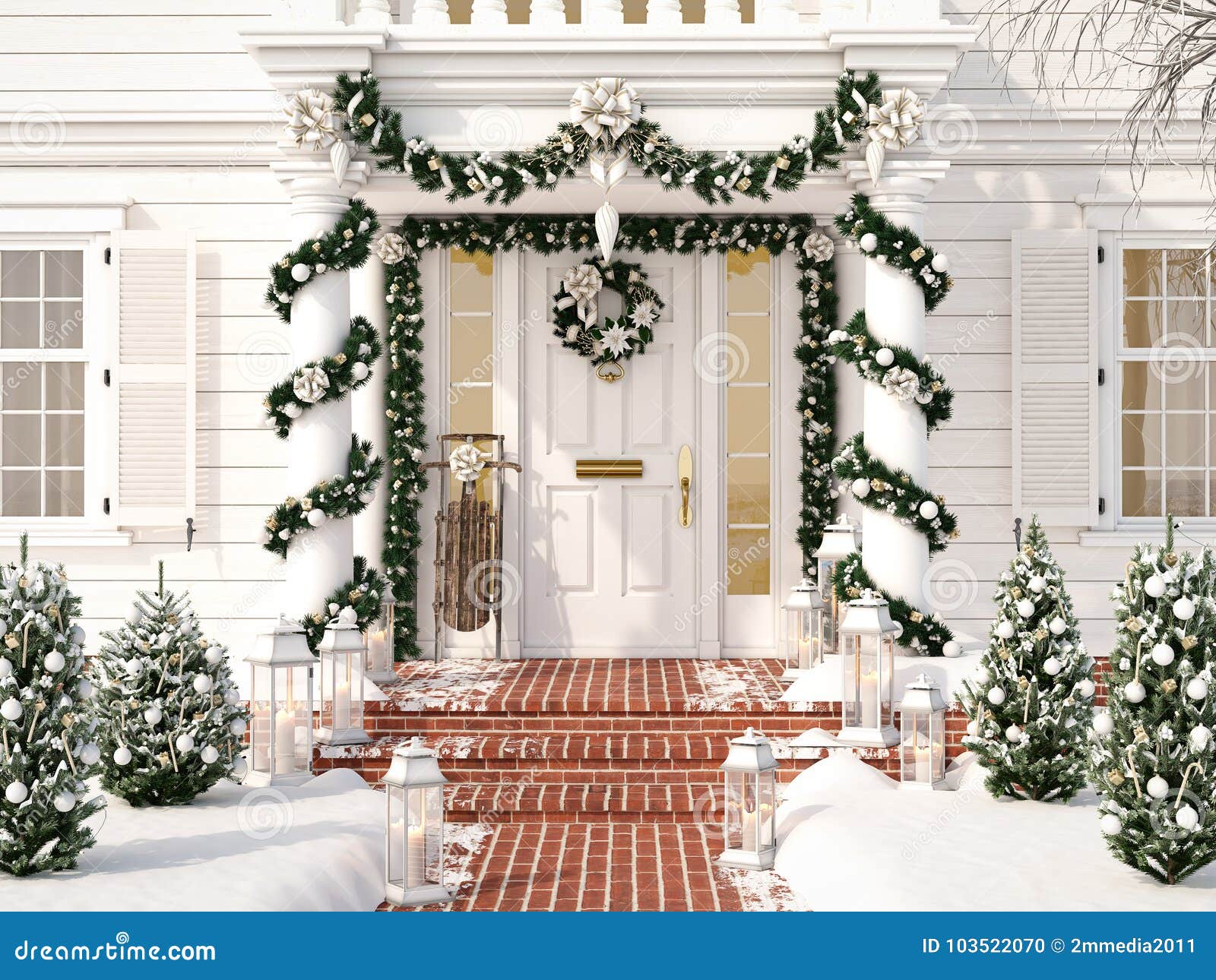 Christmas Decorated Porch with Little Trees and Lanterns. 3d Rendering