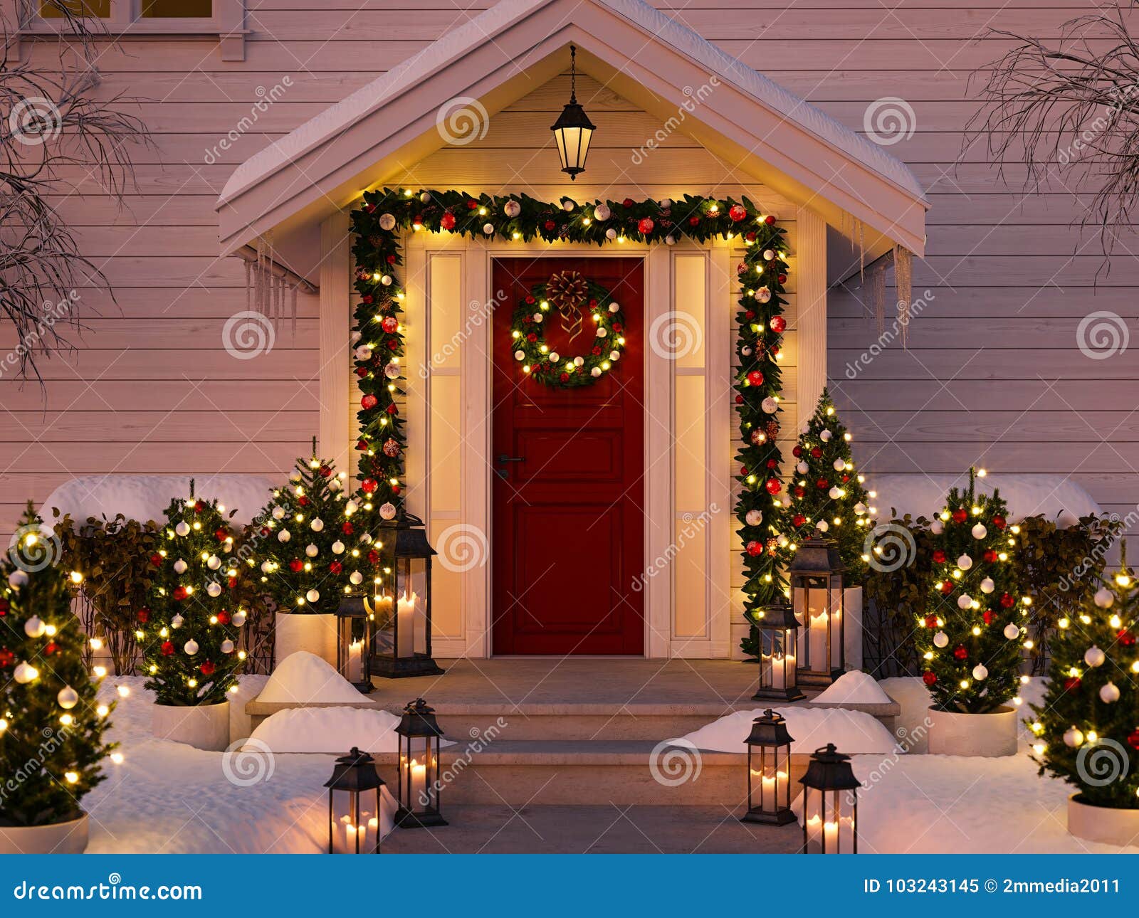 Christmas Decorated Porch With Little Trees And Lanterns 3d