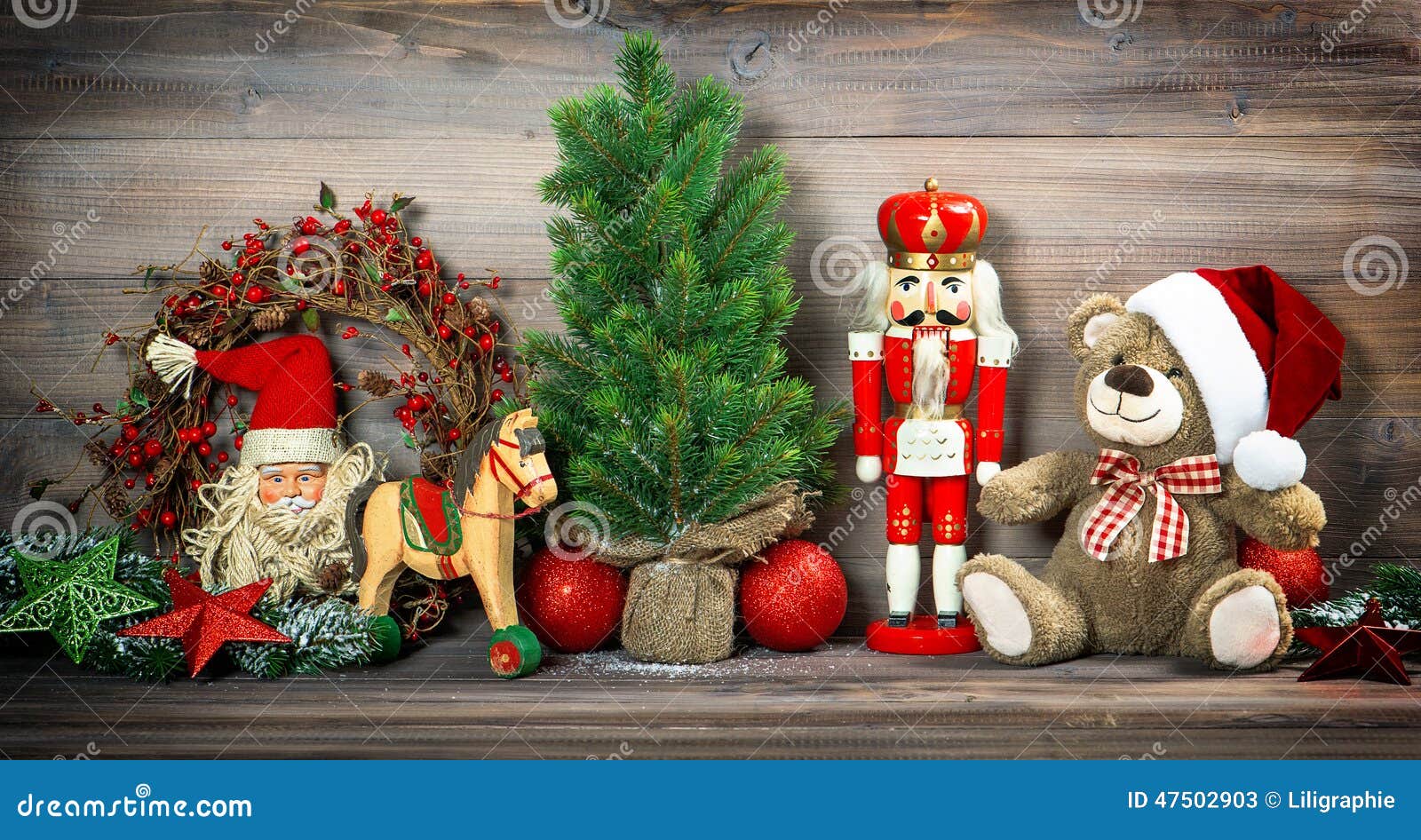 christmas decoration with antique toys teddy bear