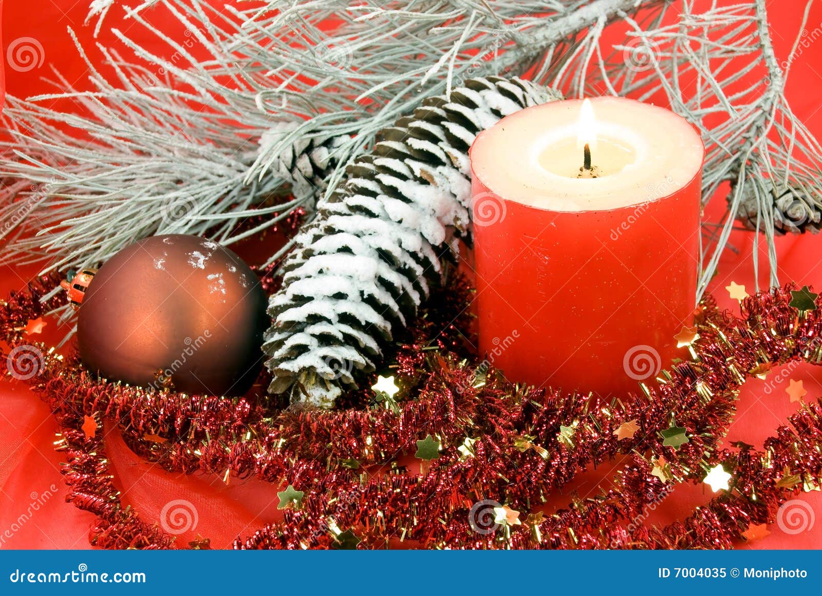 Christmas Decoration with Balls and Lighted Candle Stock Image - Image ...