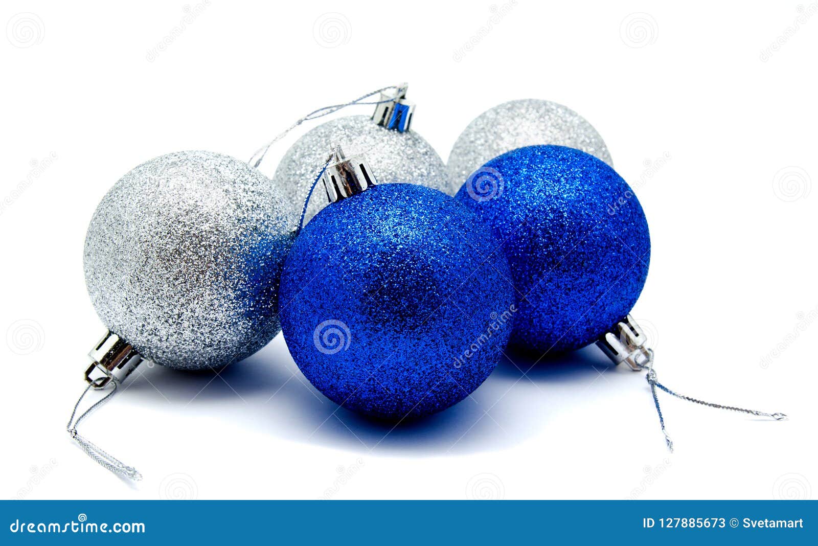 Christmas Decoration Blue and Silver Balls Isolated on a White Stock ...