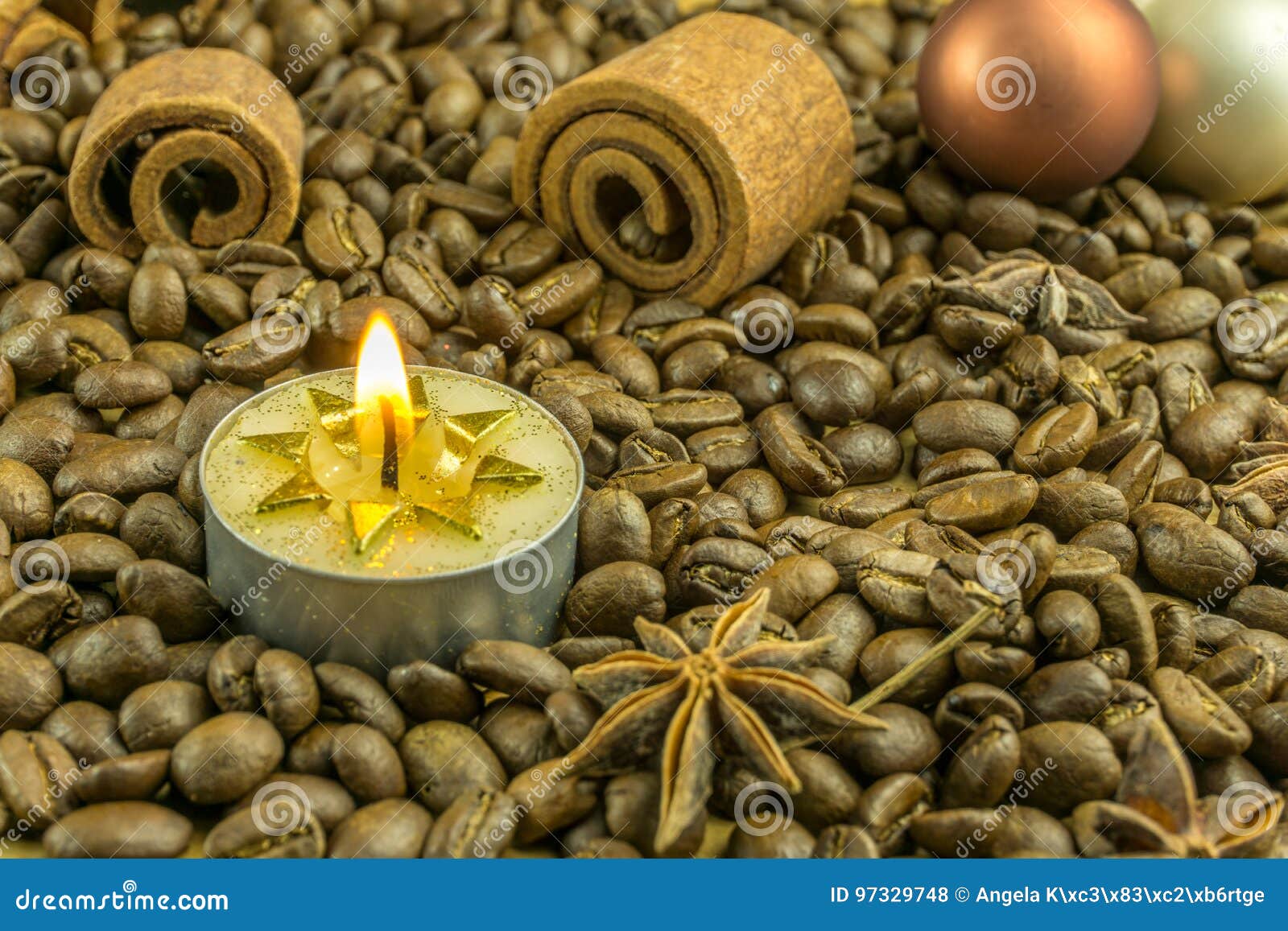 Christmas Decoration with Coffee Beans, Christmas Balls Stock Photo