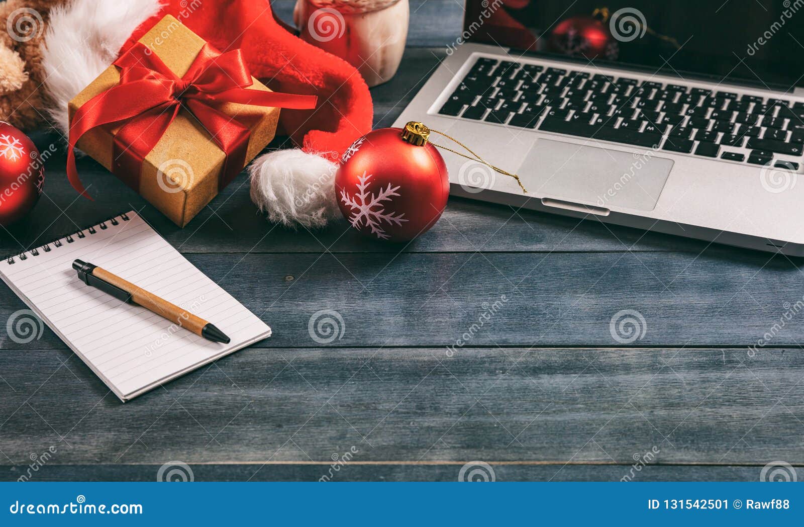 Christmas Decoration And A Computer Laptop On An Office Desk Stock