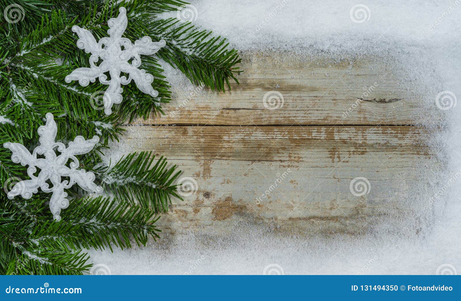 Christmas Background with Snow Frame and Snowflakes on Green Fir ...