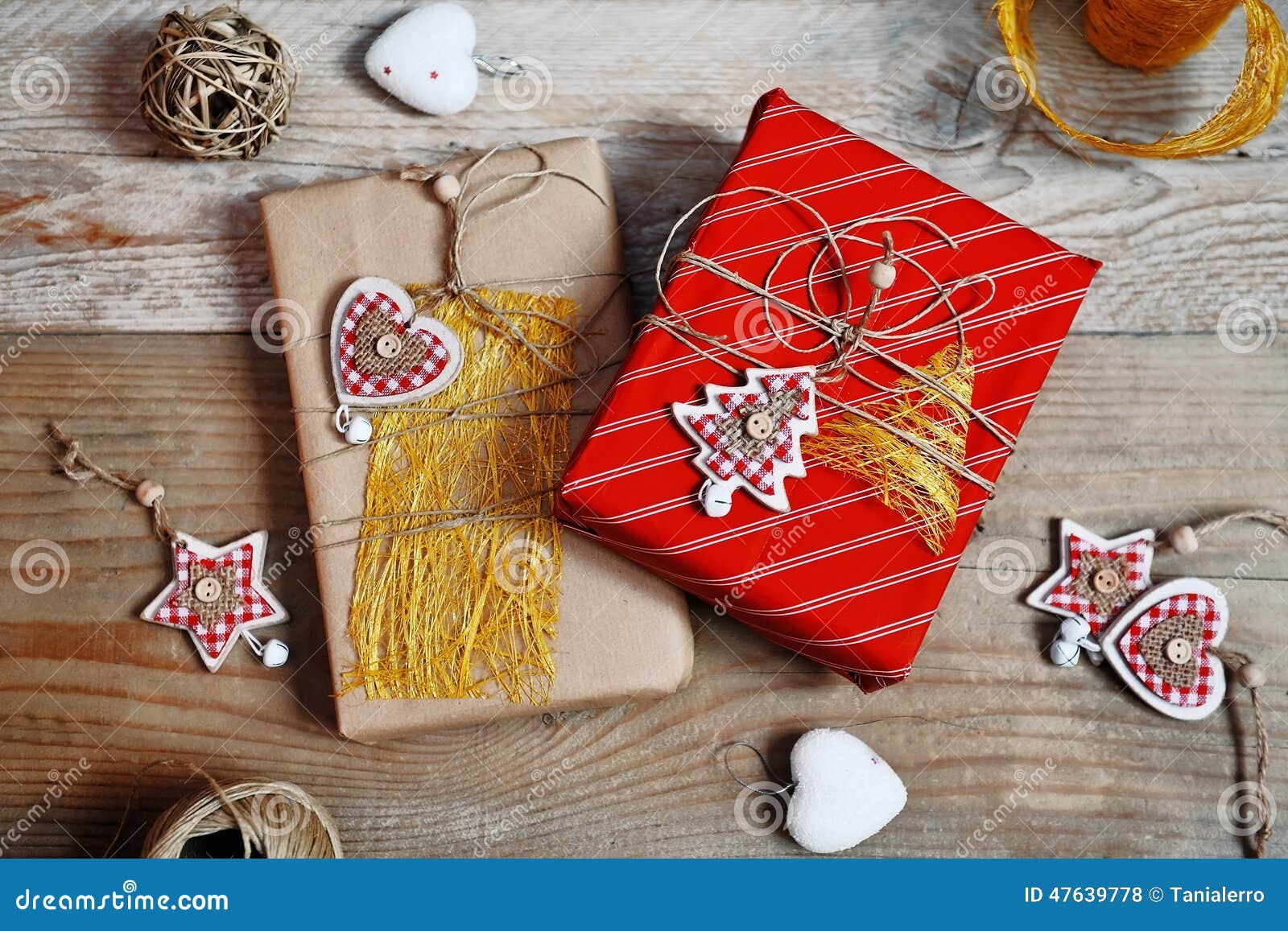 Christmas Decoration and Gift Box on Wooden Background Stock Photo