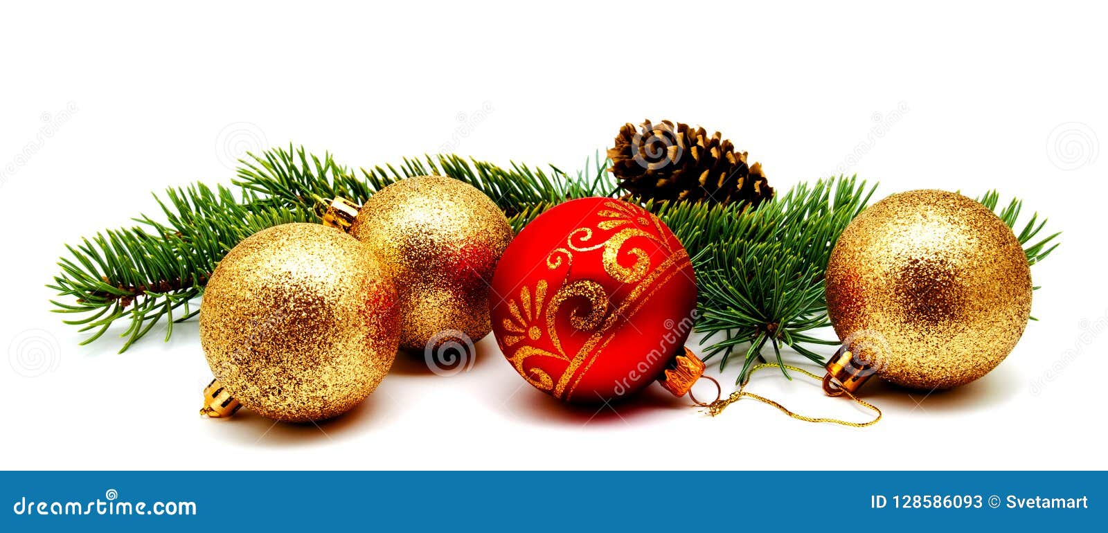 Christmas Decoration Golden Yellow And Red Balls With Fir ...