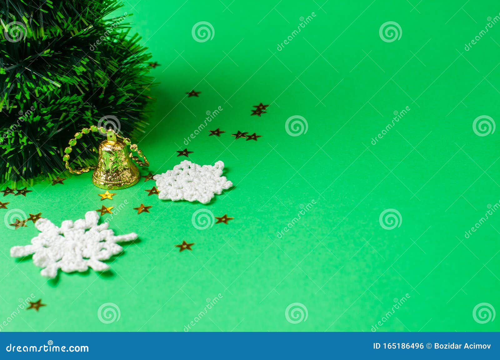 Christmas Decoration on the Green Background. Ornaments, Snowflakes ...