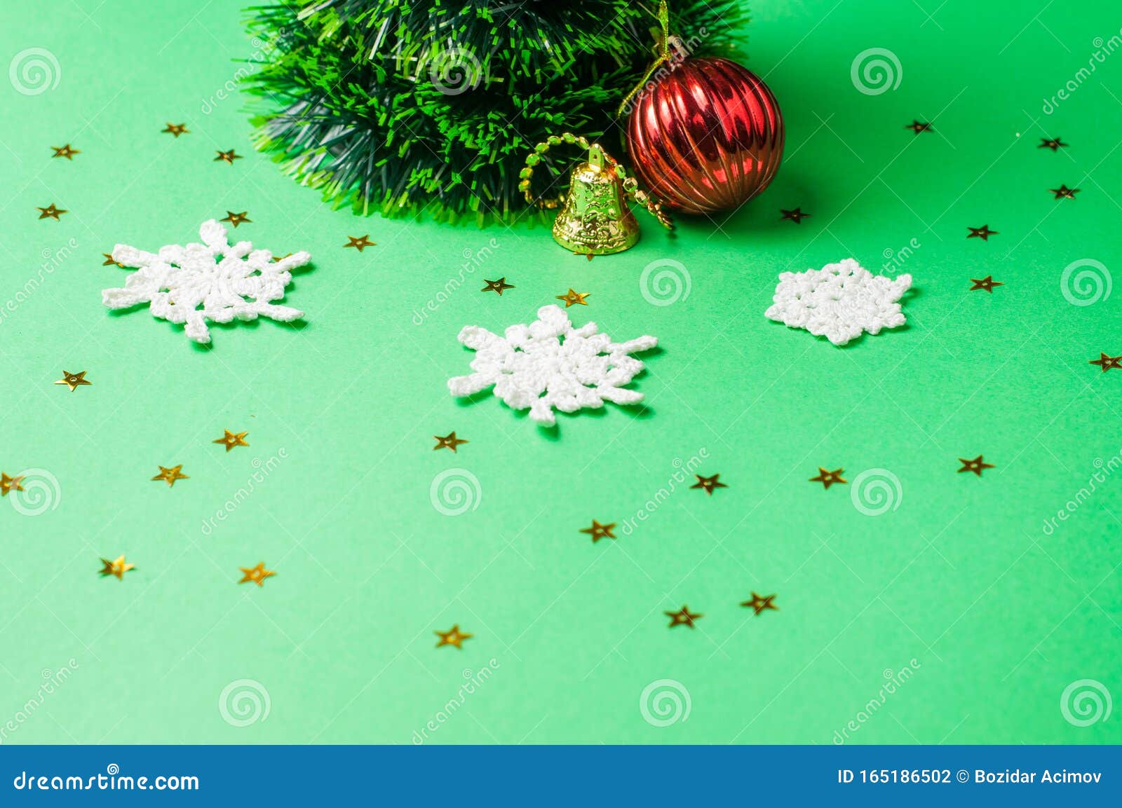 Christmas Decoration on the Green Background. Ornaments, Snowflakes ...