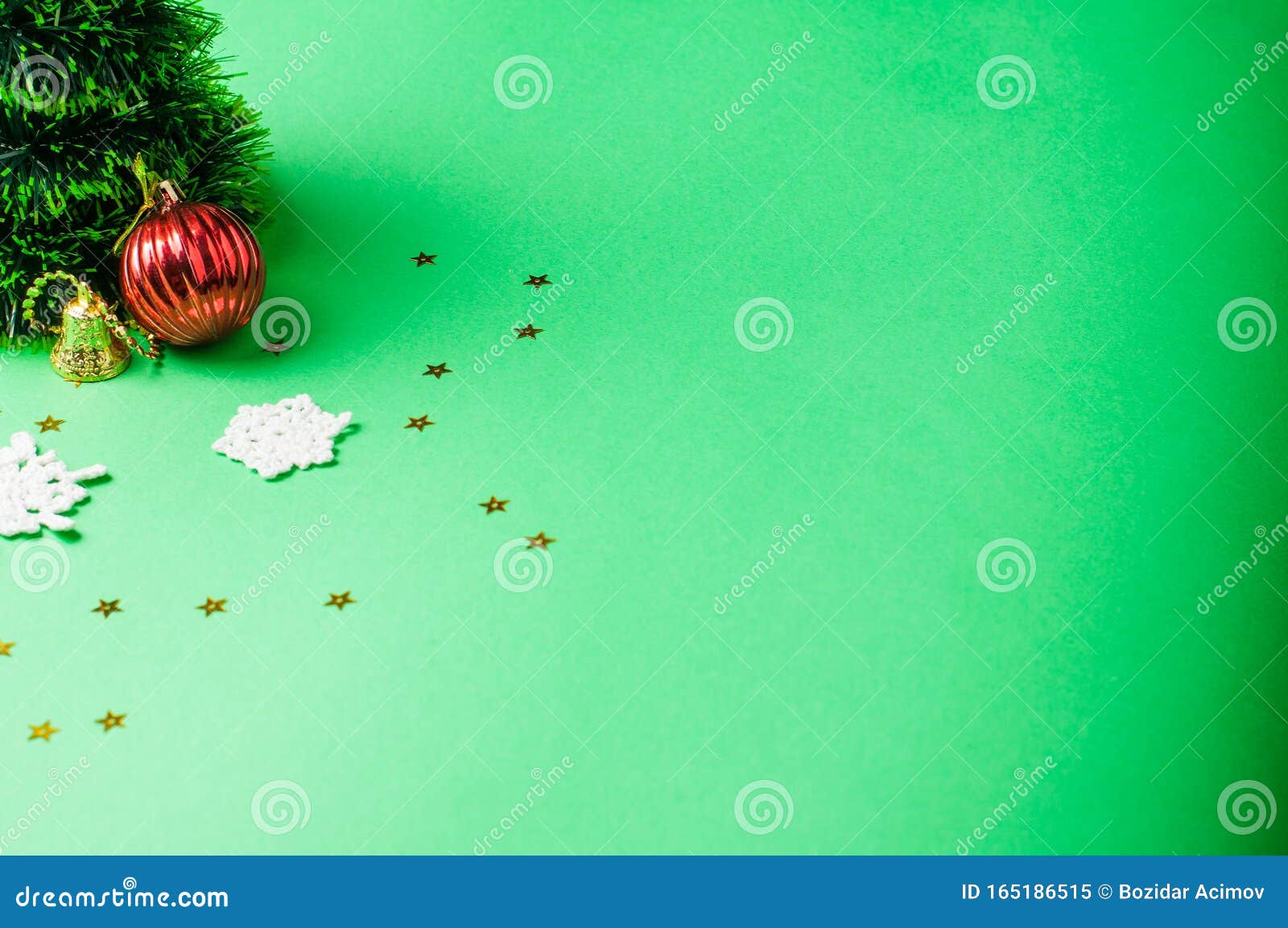 Christmas Decoration on the Green Background. Ornaments, Snowflakes ...