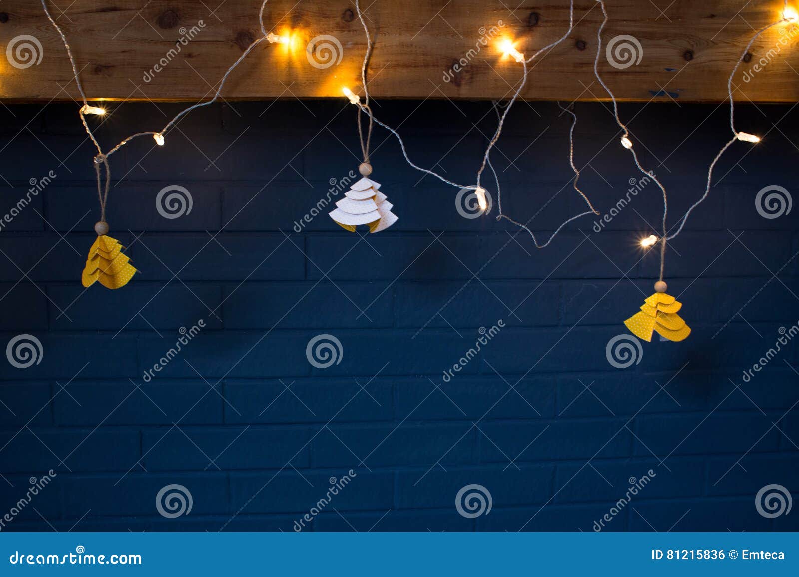 Christmas Decoration Lights Tree Blue Brick Wall Yellow White Wood ...