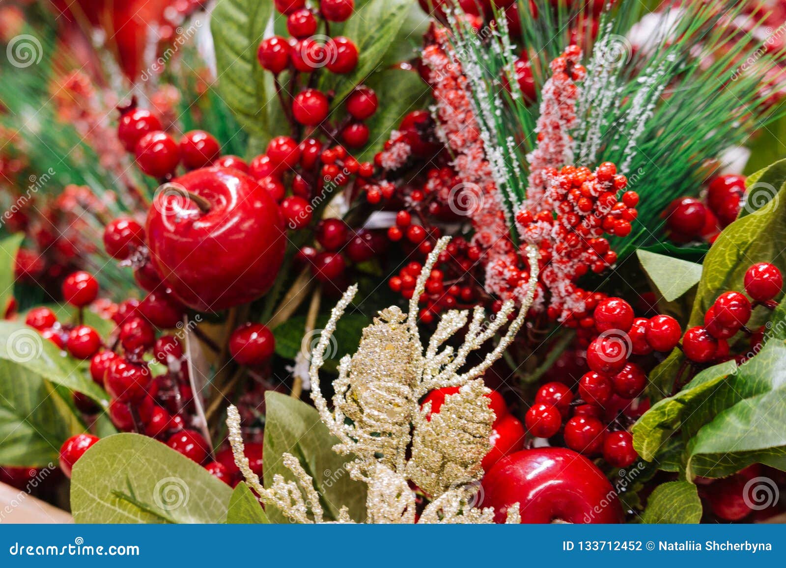 Christmas Decoration with Pine Tree Branch, Apples and Red Berries in ...