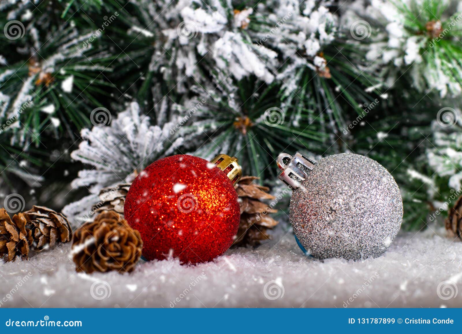 Christmas Decoration Red and Silver Balls in a Tree with Tinsel and ...