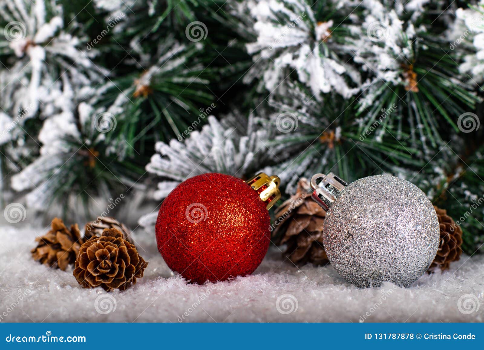 Christmas Decoration Red and Silver Balls in a Tree with Tinsel and ...