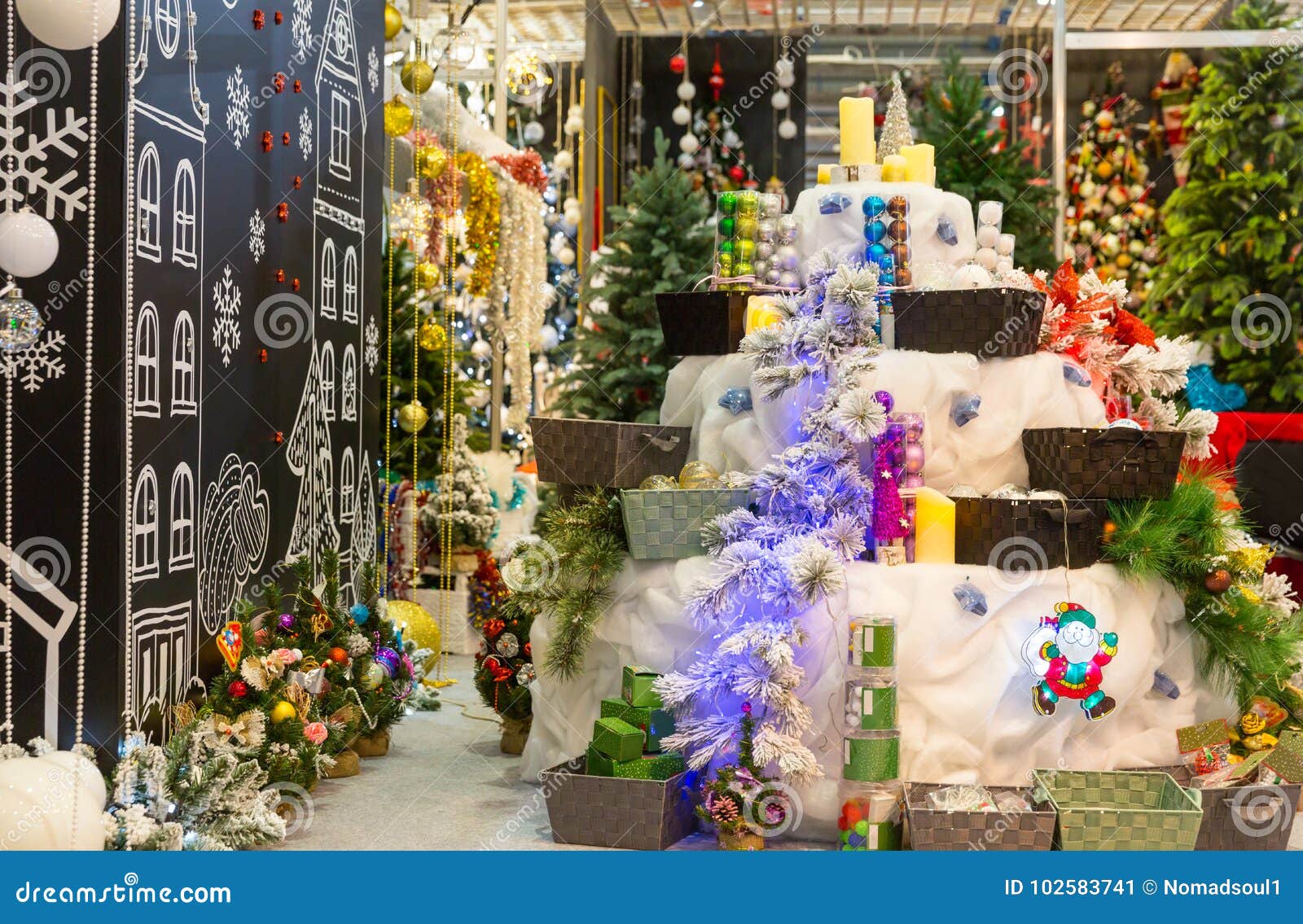 Christmas Decoration Shop, Decorated Xmas Trees Stock Image  Image of