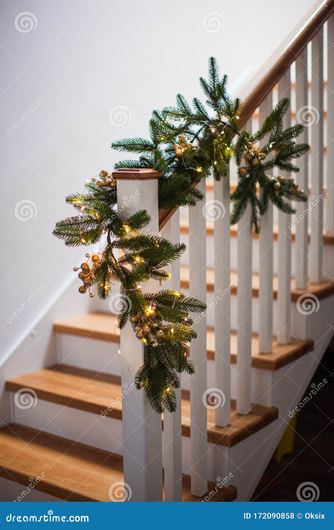 Christmas Decoration Of Stairs In The House Stock Photo Image Of Cozy Banister 172090858