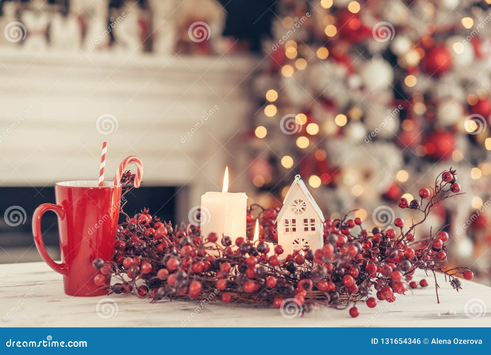 Christmas Decoration on a Table Over Blurred Lights Stock Photo - Image ...
