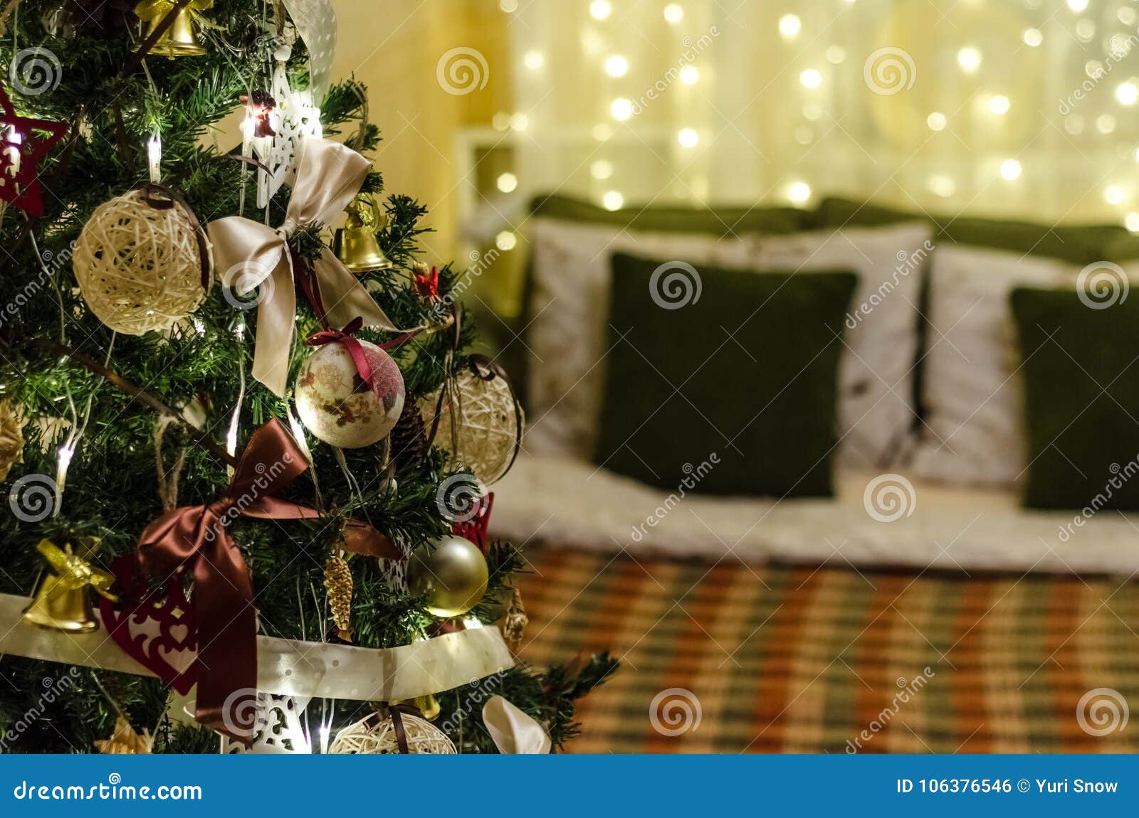 Christmas Decoration Tree, Bed, Lights Stock Photo Image of