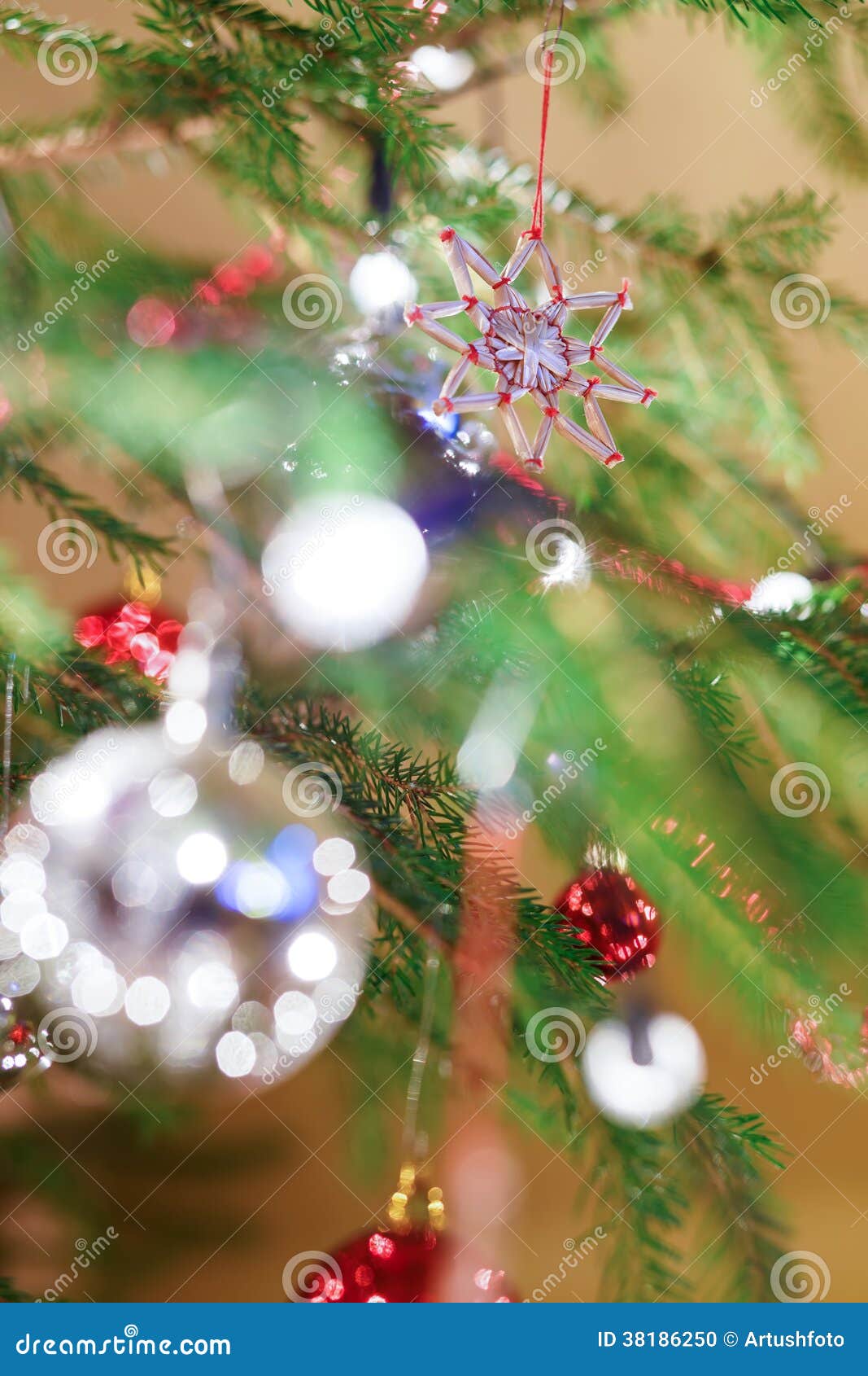 Christmas Decoration on Tree with Light Stock Photo - Image of glass ...