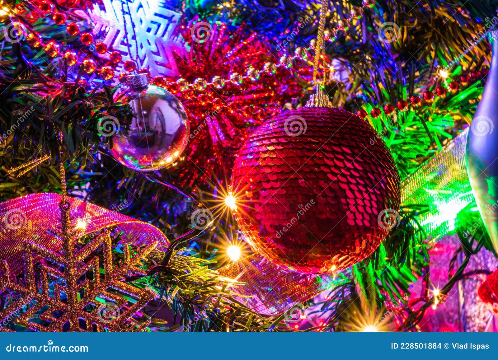 Christmas Decoration in Christmas Tree with Christmas Lights Stock