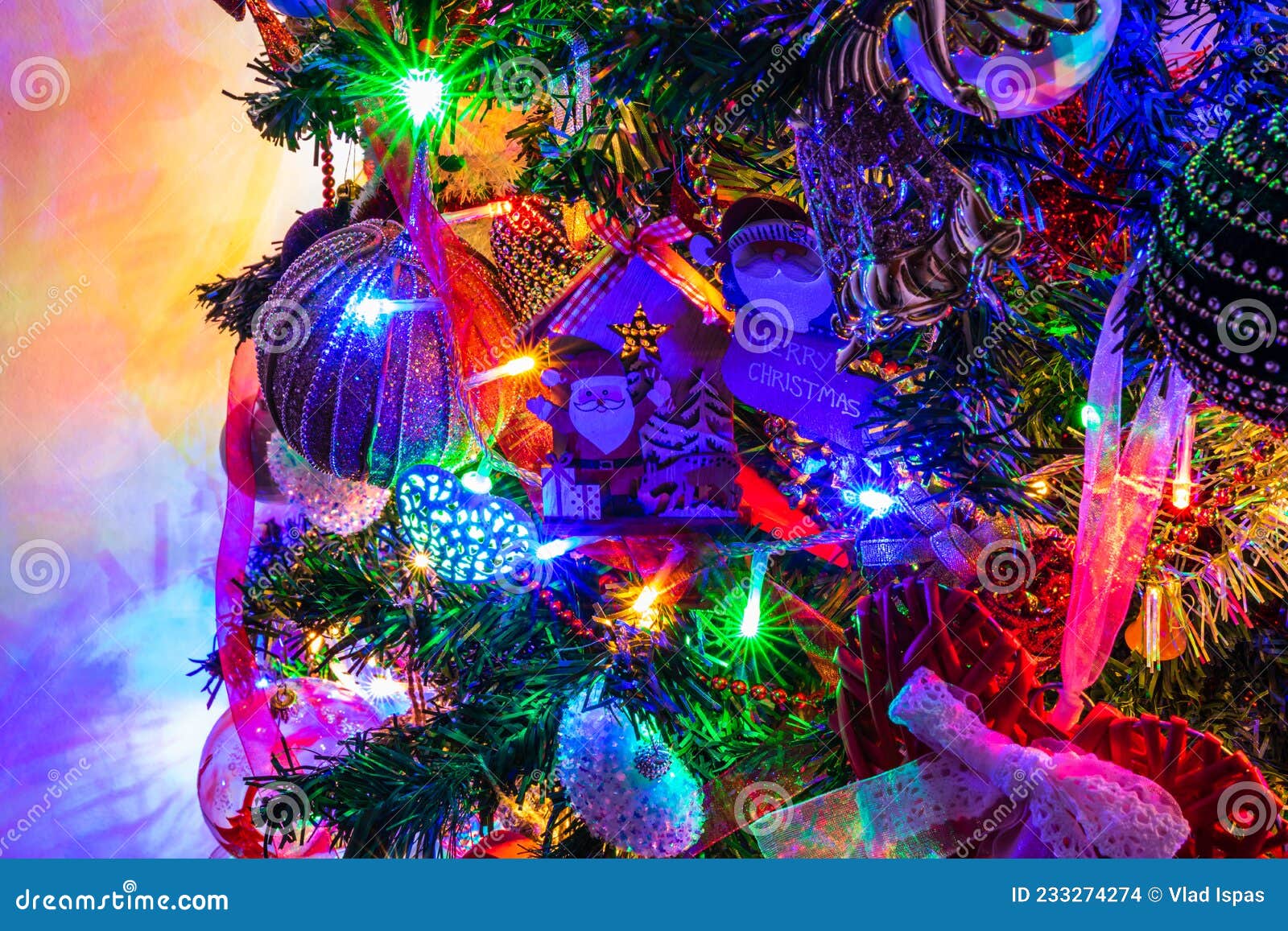 Christmas Decoration in Christmas Tree with Christmas Lights Stock