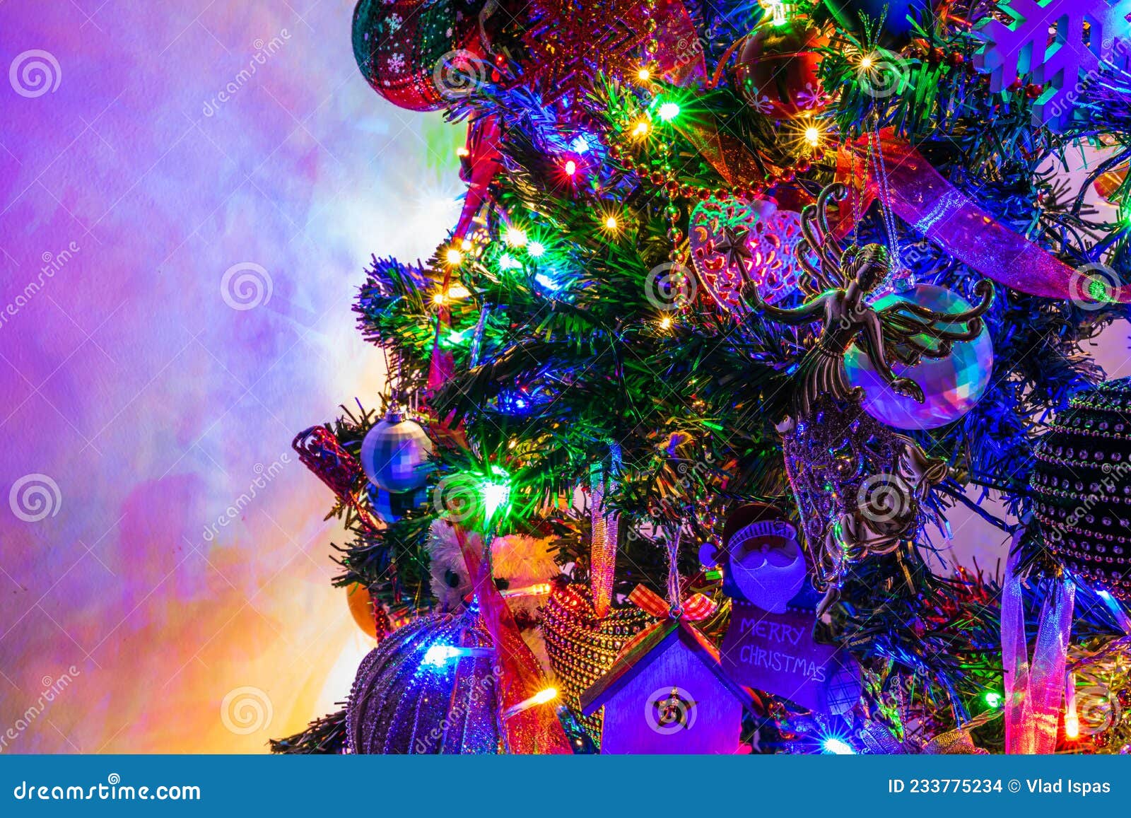 Christmas Decoration in Christmas Tree with Christmas Lights Stock