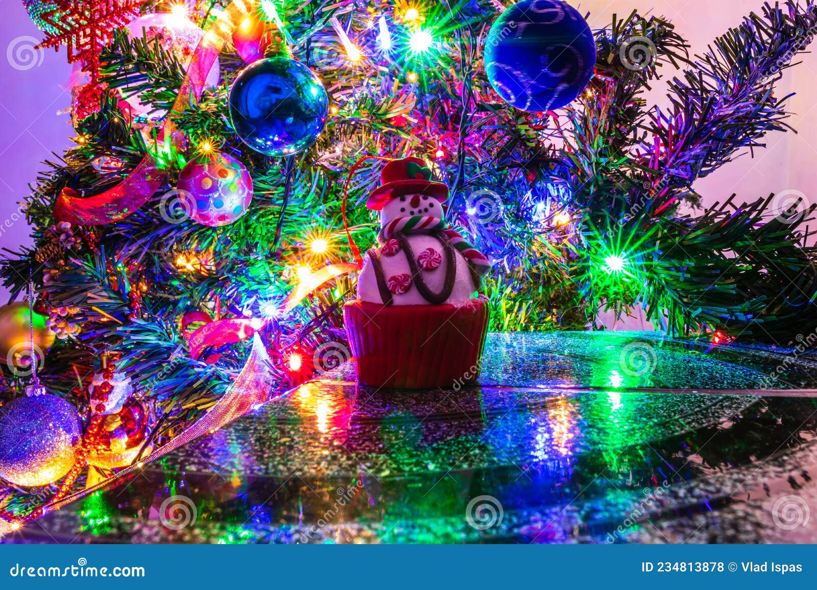 Christmas Decoration in Christmas Tree with Christmas Lights Stock