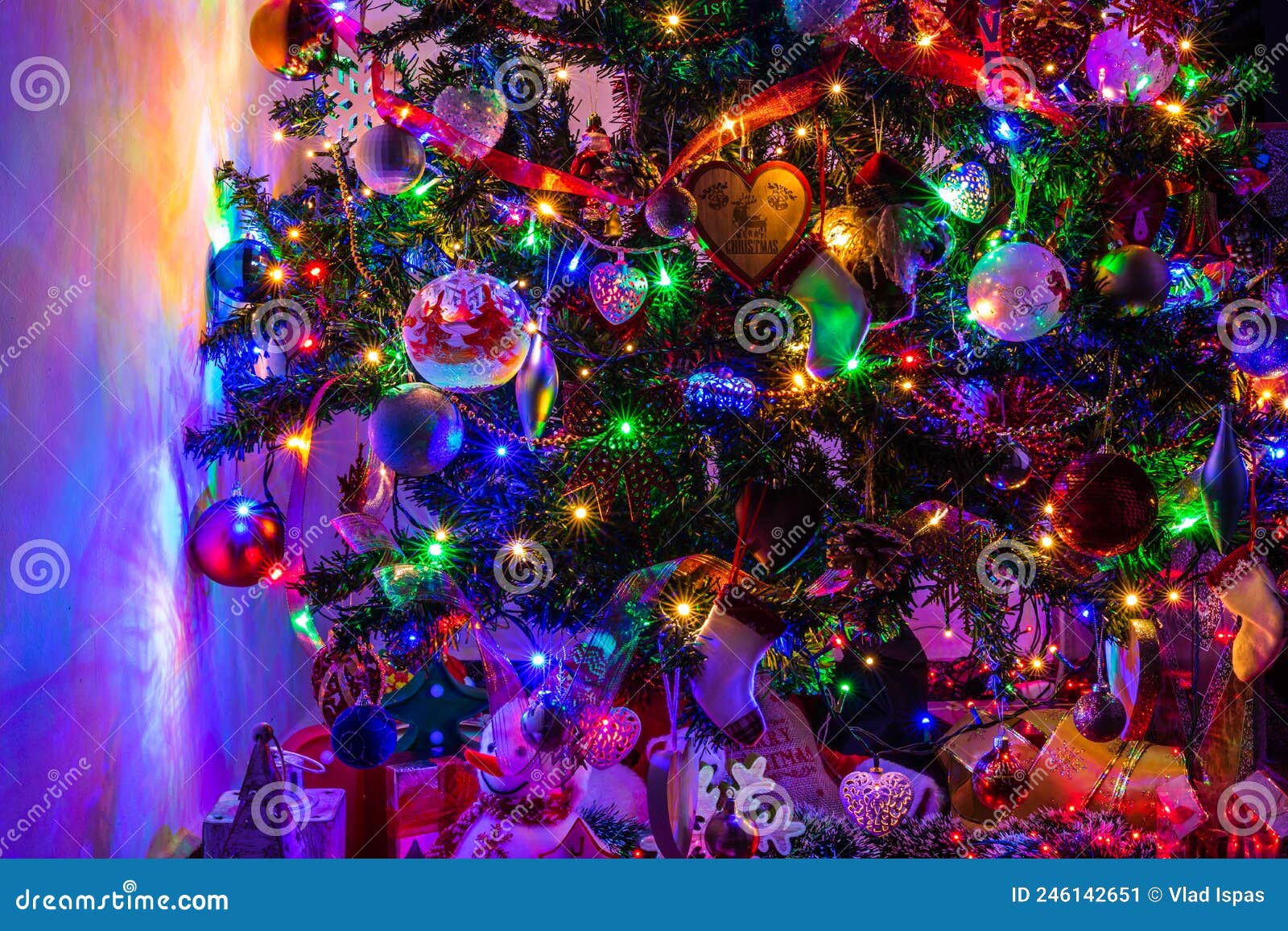 Christmas Decoration in Christmas Tree with Christmas Lights Stock