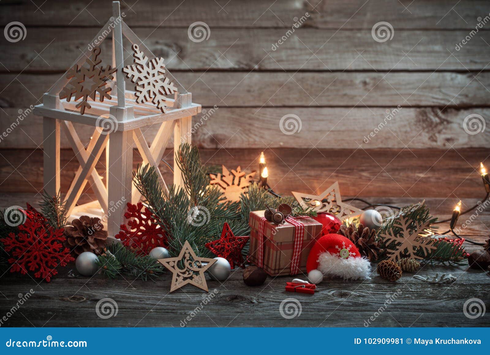 Decorazioni Natalizie Lanterne.Christmas Decoration With White Lantern On Wooden Background Stock Image Image Of Card Lamp 102909981