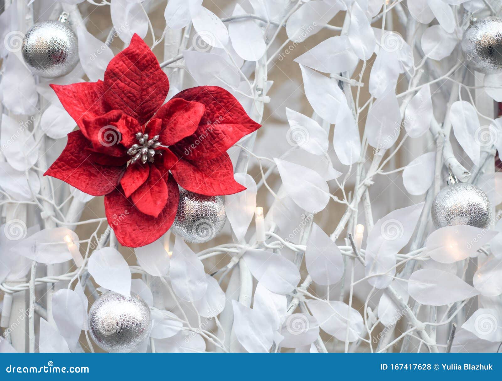Christmas Decoration White Leaves And Red Flowers Silver And White Decor Stock Photo Image Of Border Ornate