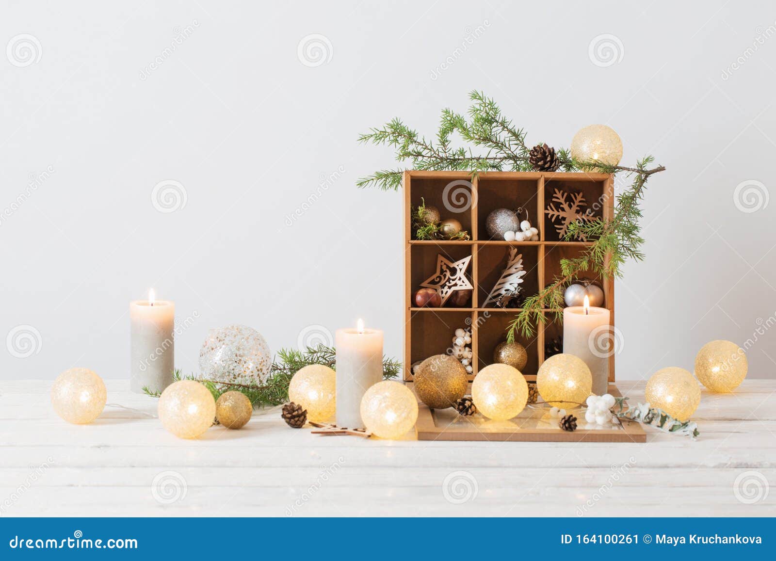 Christmas Decorations on Background White Wall Stock Image - Image of ...