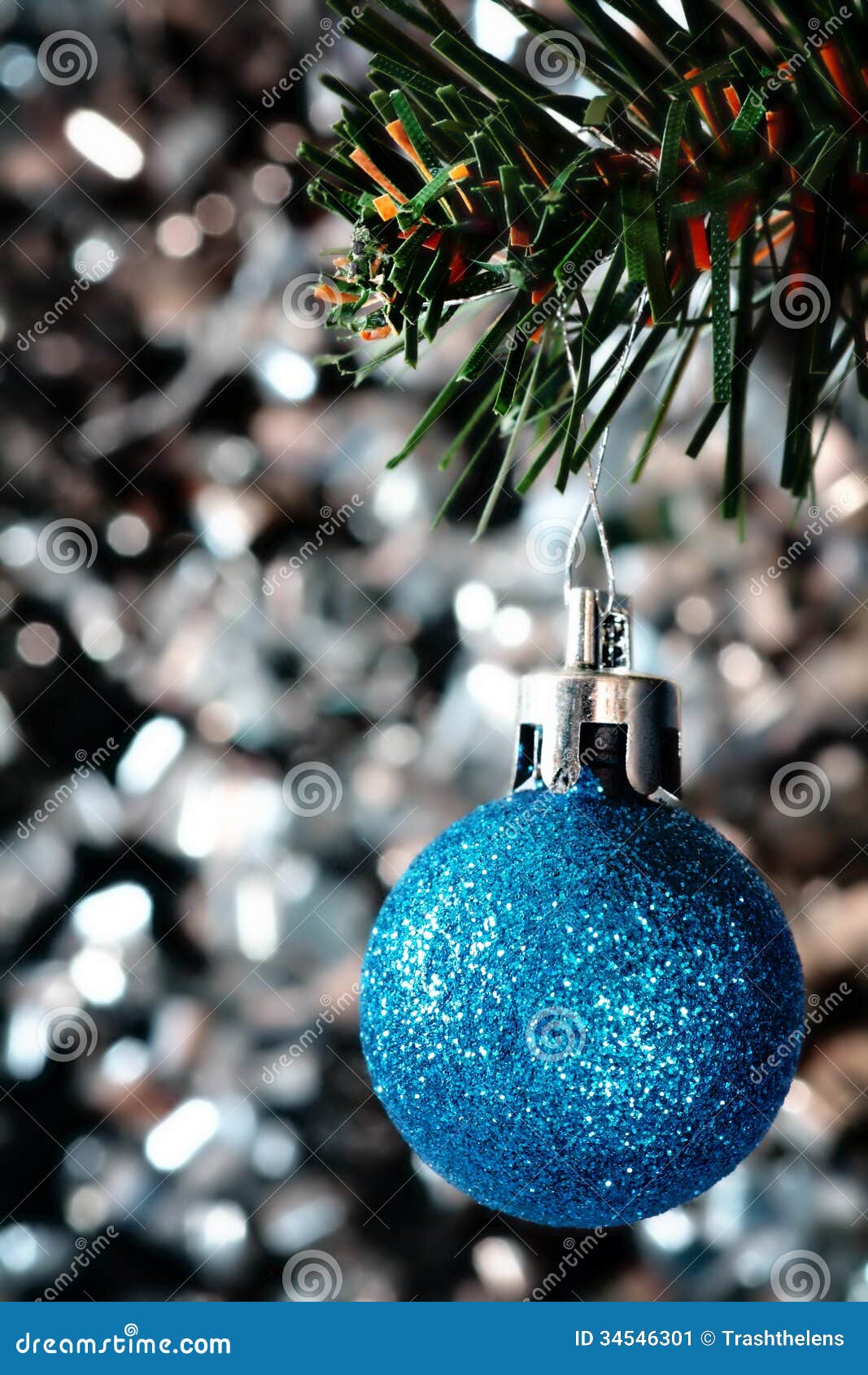 Christmas Decorations a Blue Bauble on and Ecotree Stock Image Image of sphere, bokeh 34546301