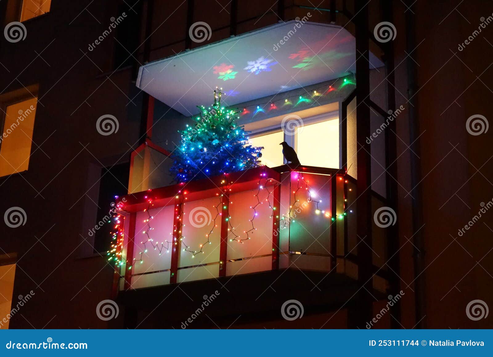 Christmas Night Illumination on the Balcony of an Apartment ...